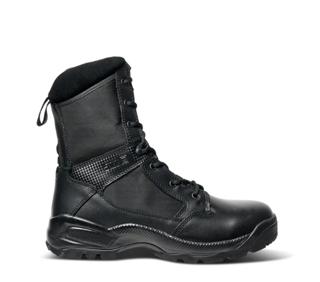 5.11 Tactical A.T.A.C.® 2.0 8-Inch Side Zip Boot – black tactical boot with leather toe, breathable tongue, and slip-resistant outsole for firefighters and EMS. (12391) | The Fire Center