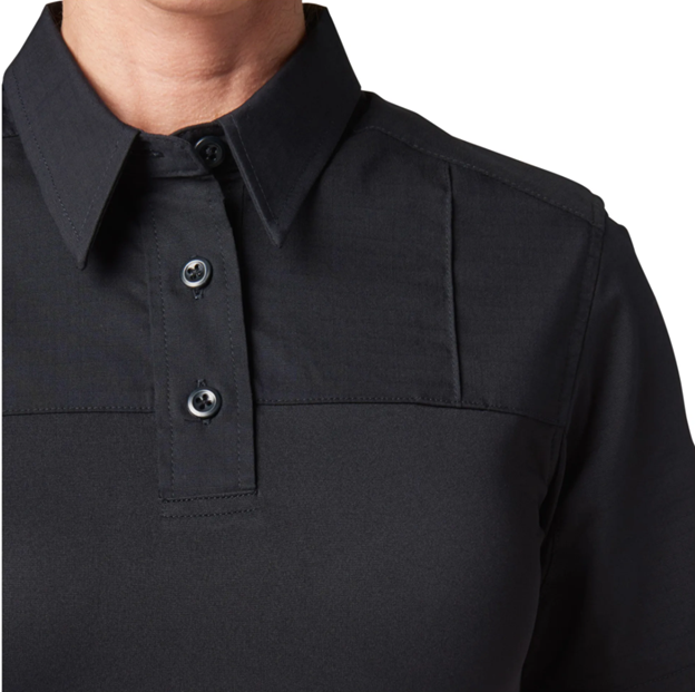 Front view of 5.11 Tactical Women's Stryke® PDU® Rapid Short Sleeve Shirt (61047) – crisp, professional uniform fit with badge tab and epaulettes visible. | The Fire Center