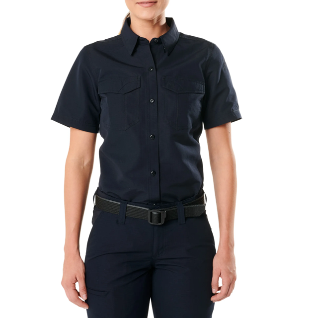 Front view of 5.11 Women’s Fast-Tac Short Sleeve Shirt showing chest pockets and button-down collar. (61314) | The Fire Center
