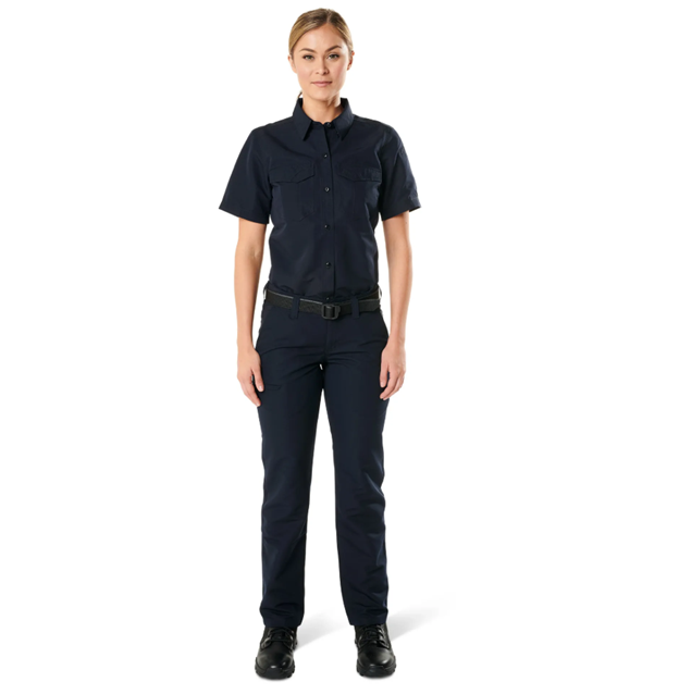 Front view of 5.11 Women’s Fast-Tac Short Sleeve Shirt showing chest pockets and button-down collar. (61314)