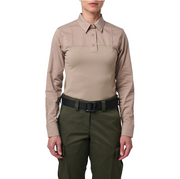 Front view of 5.11 Women’s Stryke PDU Rapid Long Sleeve Shirt showing structured twill upper and knit lower panel. (62084) | The Fire Center