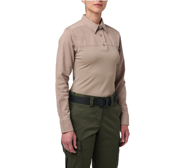 Front view of 5.11 Women’s Stryke PDU Rapid Long Sleeve Shirt showing structured twill upper and knit lower panel. (62084) | The Fire Center