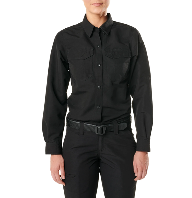 Front view of 5.11 Women’s Fast-Tac Long Sleeve Shirt showing chest pockets and button-down collar. (62388) | The Fire Center