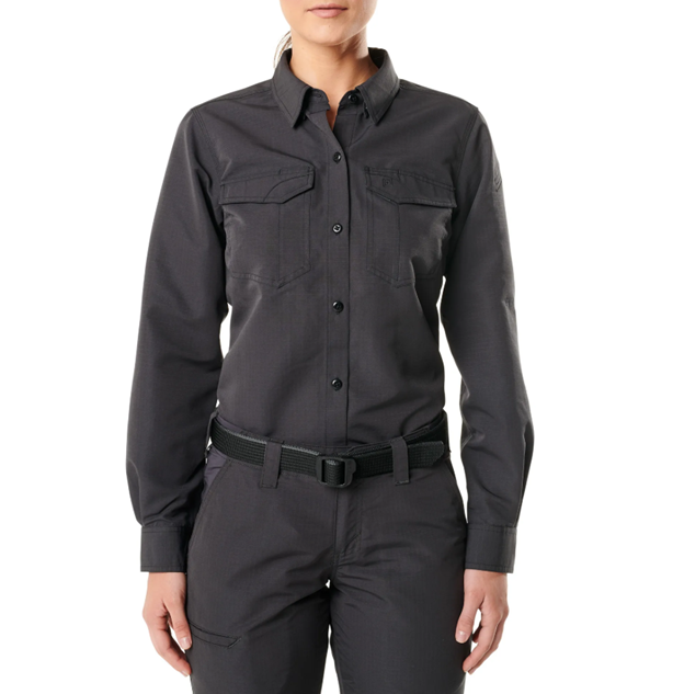 Front view of 5.11 Women’s Fast-Tac Long Sleeve Shirt showing chest pockets and button-down collar. (62388) | The Fire Center
