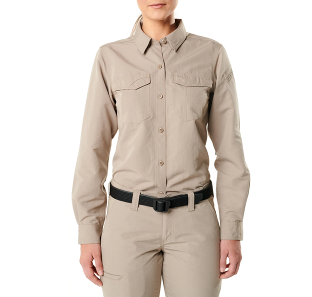 Front view of 5.11 Women’s Fast-Tac Long Sleeve Shirt showing chest pockets and button-down collar. (62388) | The Fire Center