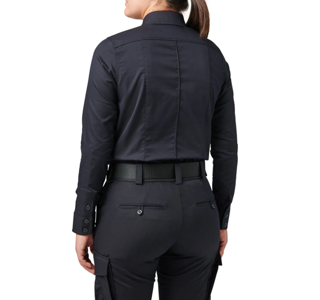 5.11 Women’s Stryke PDU Twill Class B Long Sleeve Shirt (62425) Rear view highlighting five sewn-in creases and shirt-tail hem. | The Fire Center
