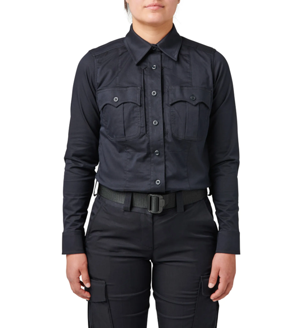 Front view of 5.11 Women’s Stryke PDU Twill Class B Long Sleeve Shirt showing uniform creases and scalloped chest pockets. (62425) | The Fire Center