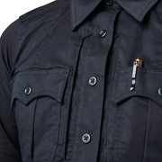 5.11 (62425) Close-up of zippered placket with melamine buttons and mic cord access at side seam. | The Fire Center