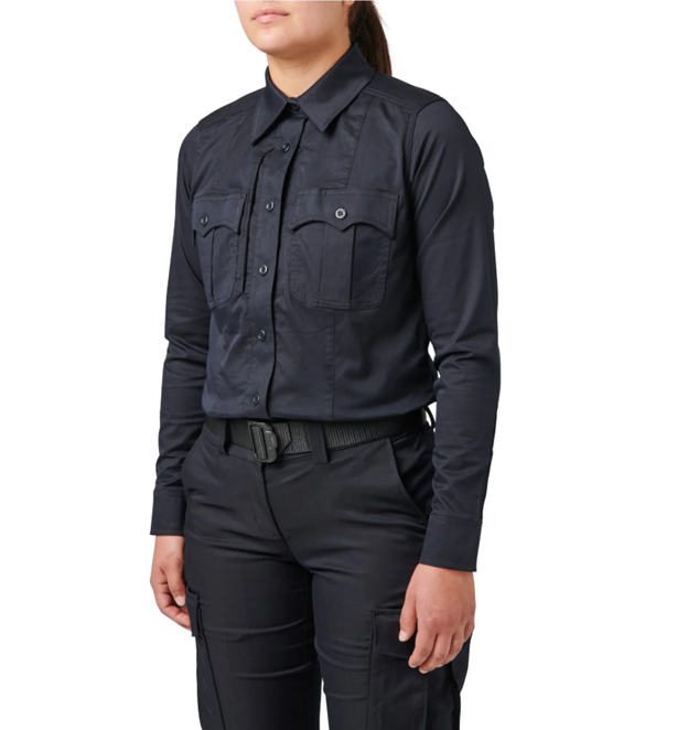 Front view of 5.11 Women’s Stryke PDU Twill Class B Long Sleeve Shirt showing uniform creases and scalloped chest pockets. (62425) | The Fire Center