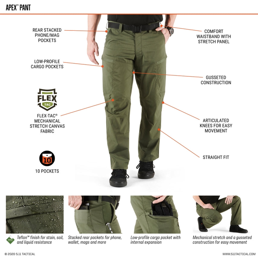 5.11 Tactical APEX™ Pant (74434) | The Fire Center | The Fire Store | Store | Fuego Fire Center | Firefighter Gear | Flexible and functional, the Apex Pant sets the standard for speed and versatility with 5.11®’s Flex-Tac® mechanical stretch canvas. Featuring a comfort waistband, an internal flex cuff pocket, hidden handcuff key pocket, zippered thigh pockets with internal magazine storage, and deep, reinforced main pockets, the Apex Pant is made for action.