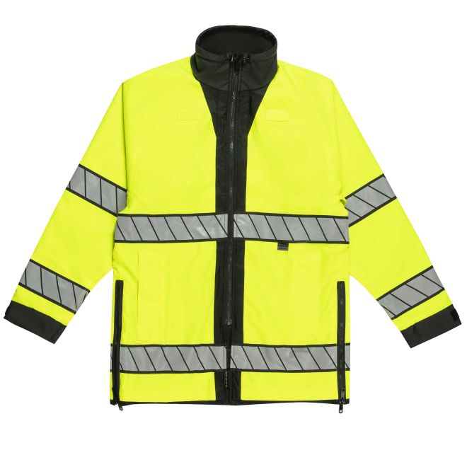 Blauer B.Dry Reversible Rain Jacket (236) | The Fire Center | Fuego Fire Center | Store | FIREFIGHTER GEAR | FREE SHIPPING | Now with WaterBlock technology, which seals adjustably to your body at the cuffs and neck for a waterproof fit, our B.DRY® Reversible Rain Jacket features a design that's stood the test of time.  Durable construction and design will keep you looking great for years, with unmatched comfort for every day out on the street.