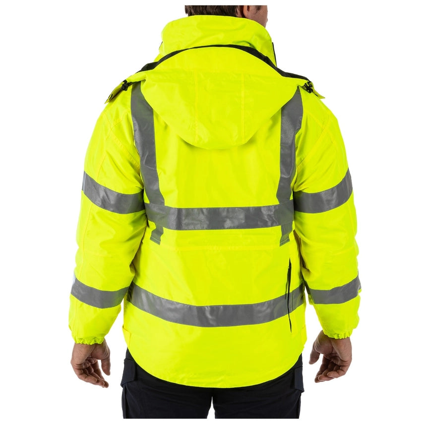 5.11 Tactical 3-in-1 Reversible High-Visibility Parka (48033) | The Fire Center | The Fire Store | Store | The Reversible High Vis 3-in-1 Parka™ offers superior weather protection and reliable, High Visibility performance. The reversible outer shell is standard patrol duty black, with ANSI/ISEA 107-2015 Type R&P, Class 3 Certified and 3M® Scotchlite.® reflective tape on the other side.