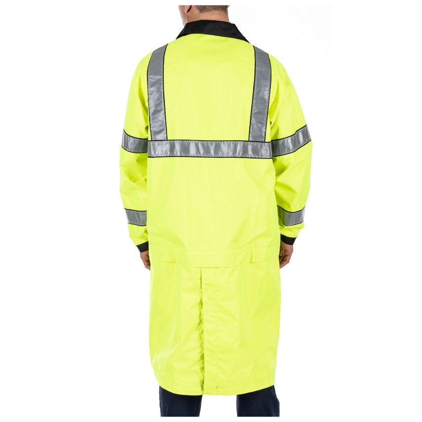 Back of 5.11 Reversible Rain Coat in hi-vis mode – full-length coverage with seam-sealed construction and reflective striping (48125) | The Fire Center