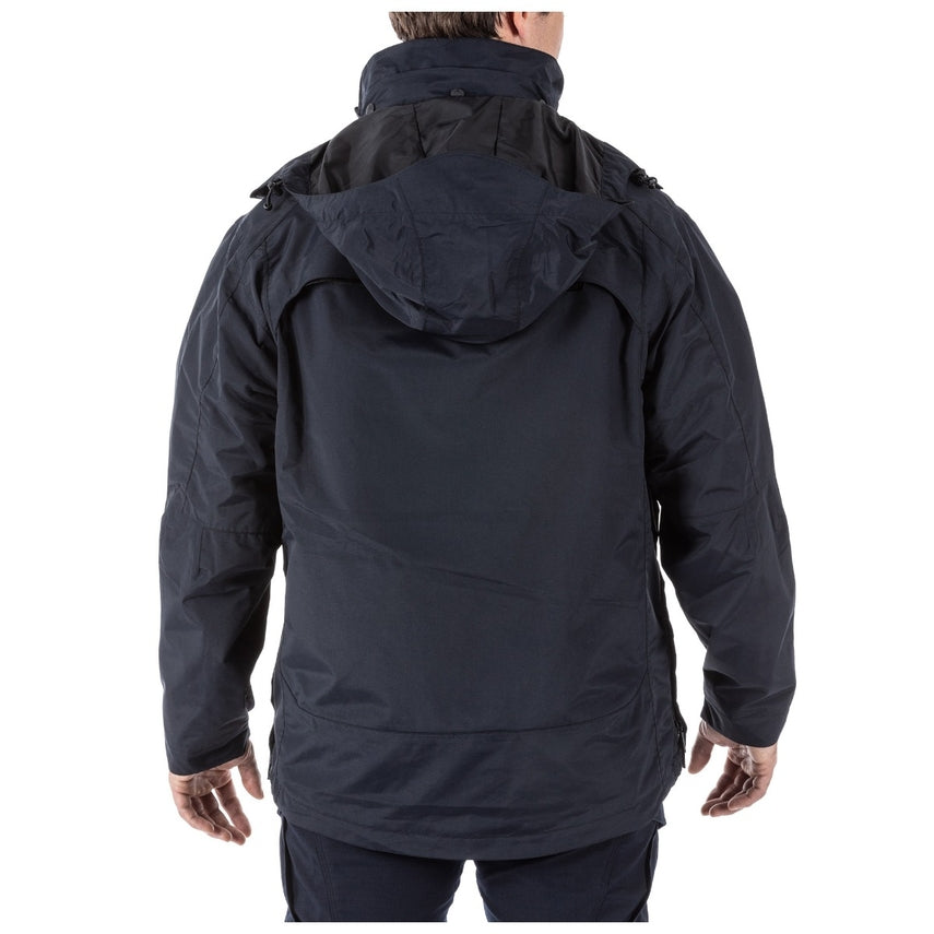 Back of 5.11 Bristol Parka showing adjustable hood rolled into collar and waterproof finish (48152) | The Fire Center