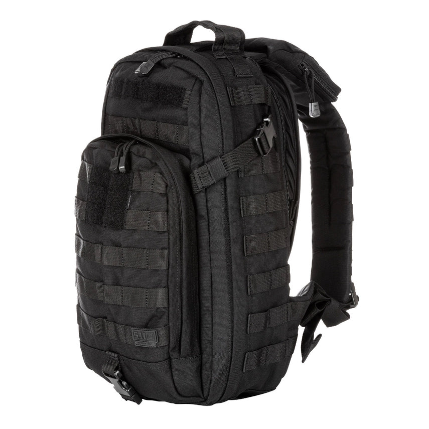 5.11 Tactical Rush Moab™ 10 Sling Pack 18L (56964) | The Fire Center | The Fire Store | Store | Part of the Rush Backpack series, the MOAB 10 is fully ambidextrous, high-performance sling pack loaded with tactical CCW utility. DIMENSIONS Main Compartment - 18.25" H x 9" L x 7.25" DFront pocket - 12.5” H x 8” L x 2” DTotal Capacity - 1,093cubic inch / 18-literWeight - 2.6 lbs
