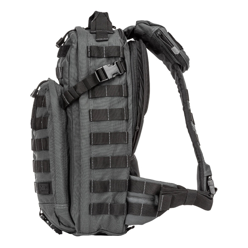 5.11 Tactical Rush Moab™ 10 Sling Pack 18L (56964) | The Fire Center | The Fire Store | Store | Part of the Rush Backpack series, the MOAB 10 is fully ambidextrous, high-performance sling pack loaded with tactical CCW utility. DIMENSIONS Main Compartment - 18.25" H x 9" L x 7.25" DFront pocket - 12.5” H x 8” L x 2” DTotal Capacity - 1,093cubic inch / 18-literWeight - 2.6 lbs