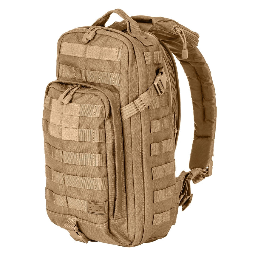 5.11 Tactical Rush Moab™ 10 Sling Pack 18L (56964) | The Fire Center | The Fire Store | Store | Part of the Rush Backpack series, the MOAB 10 is fully ambidextrous, high-performance sling pack loaded with tactical CCW utility. DIMENSIONS Main Compartment - 18.25" H x 9" L x 7.25" DFront pocket - 12.5” H x 8” L x 2” DTotal Capacity - 1,093cubic inch / 18-literWeight - 2.6 lbs