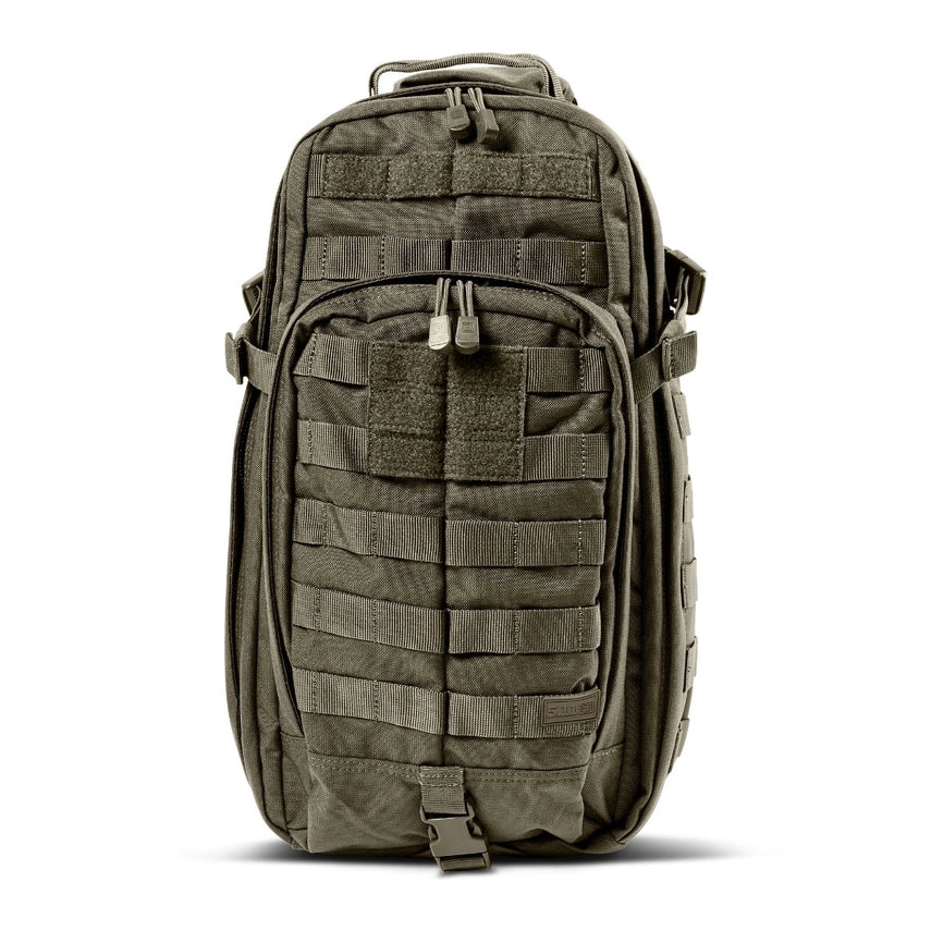 5.11 Tactical Rush Moab™ 10 Sling Pack 18L (56964) | The Fire Center | The Fire Store | Store | Part of the Rush Backpack series, the MOAB 10 is fully ambidextrous, high-performance sling pack loaded with tactical CCW utility. DIMENSIONS Main Compartment - 18.25" H x 9" L x 7.25" DFront pocket - 12.5” H x 8” L x 2” DTotal Capacity - 1,093cubic inch / 18-literWeight - 2.6 lbs