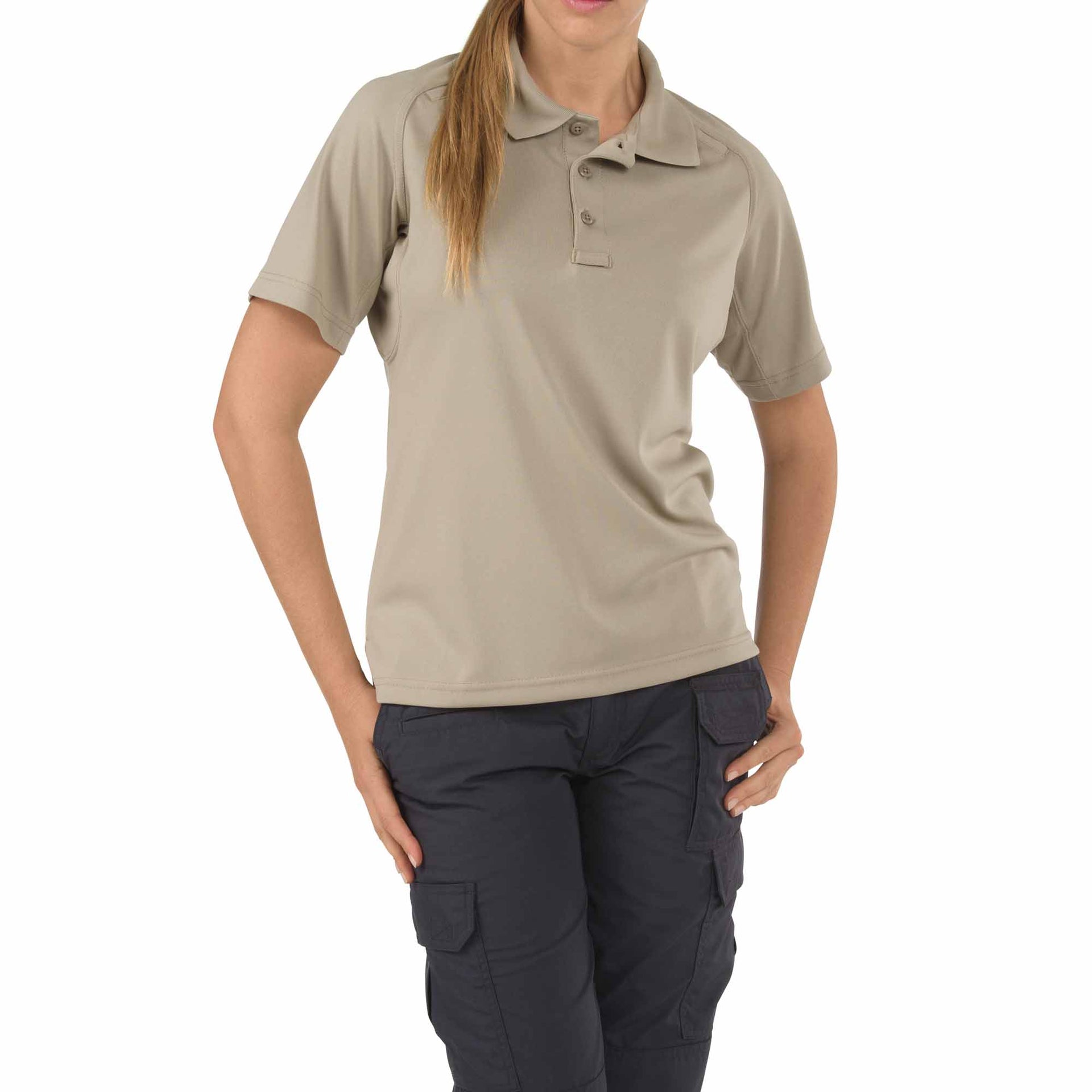 Front view of 5.11 Tactical Women’s Performance Short Sleeve Polo with structured collar and tailored fit. (61165) | The Fire Center