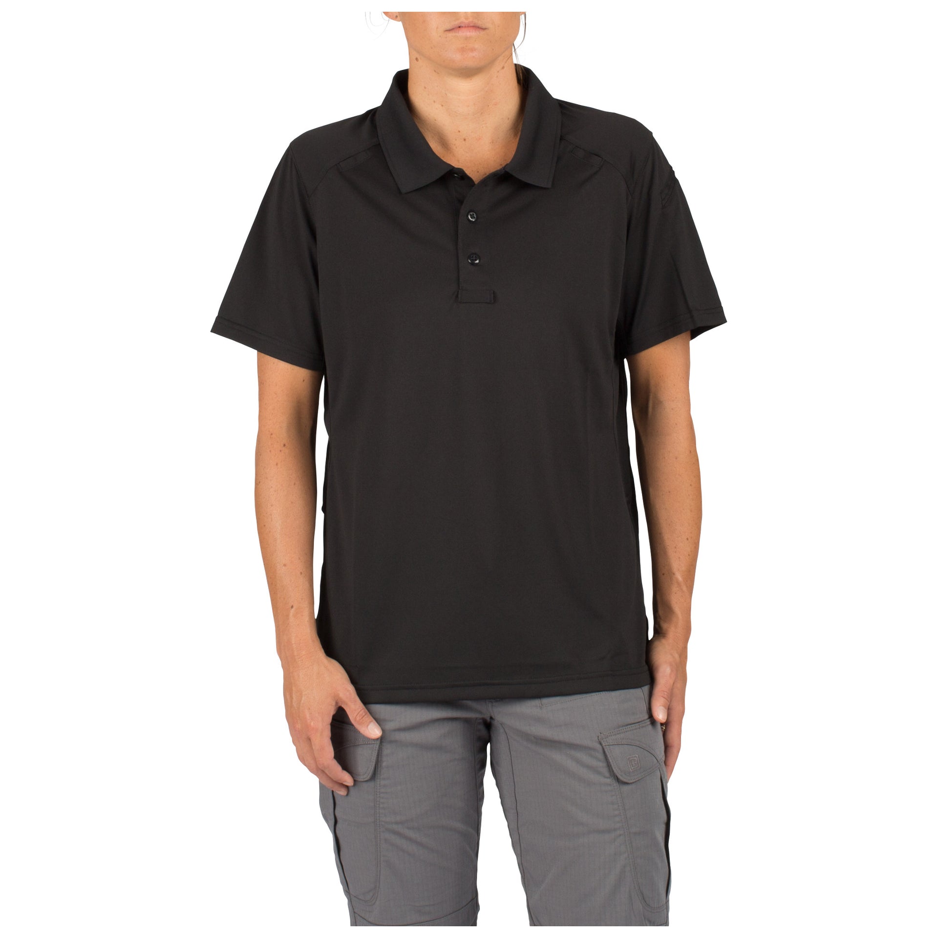 Front view of 5.11 Tactical Women’s Helios Short Sleeve Polo with sunglass loop and structured collar. (61305) | The Fire Center | Fuego Fire Center