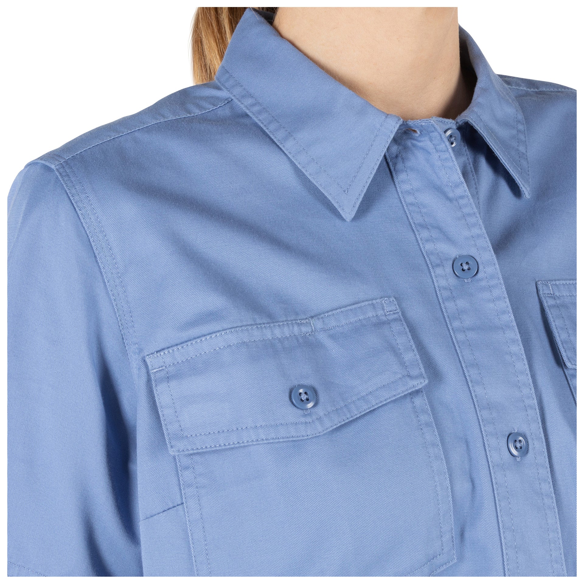 5.11 Tactical Women's Company Short Sleeve Shirt (61321) | The Fire Center | Fuego Fire Center | Close-up of melamine buttons and Firefly™ thread stitching for fire resistance