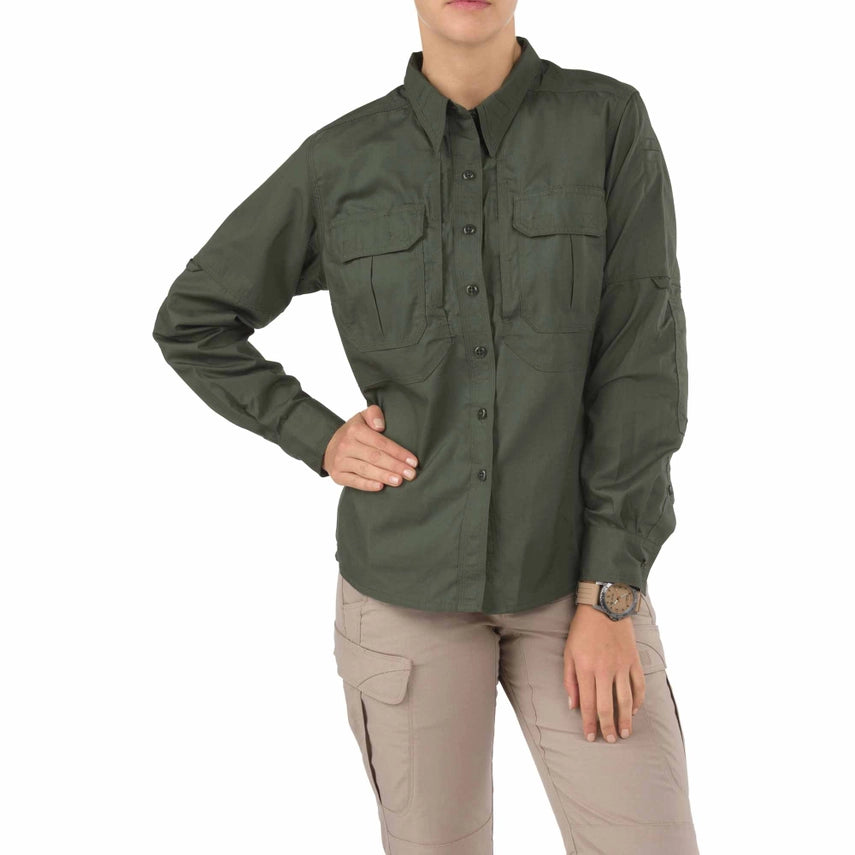 Front view of 5.11 Women’s Taclite Pro Long Sleeve Shirt showing tactical pocket layout and structured collar. (62070) | The Fire Center