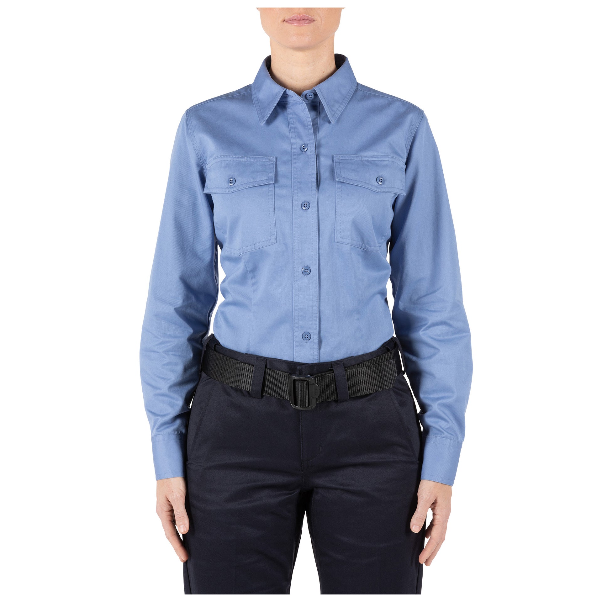 5.11 Tactical Women's Company Long-Sleeve Shirt (62399) | The Fire Center | Front view of 5.11 Tactical Women’s Company Long-Sleeve Shirt showing wrinkle-resistant cotton twill fabric.