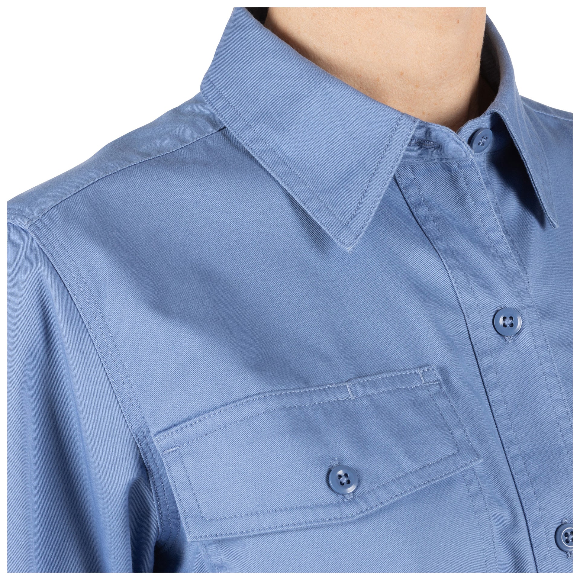 5.11 Tactical Women's Company Long-Sleeve Shirt (62399) | Close-up of heat-resistant melamine buttons and Firefly™ thread stitching.