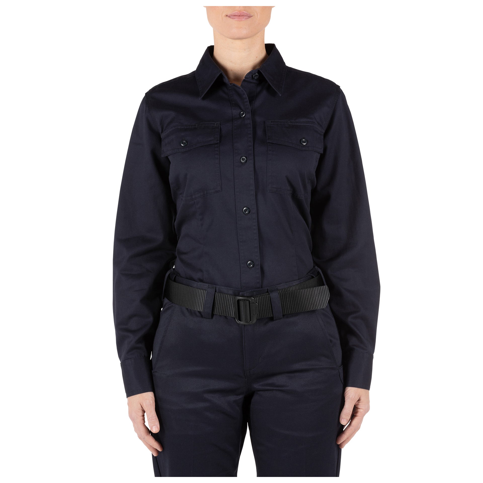 Front view of 5.11 Tactical Women’s Company Long-Sleeve Shirt showing wrinkle-resistant cotton twill fabric. (62399) | The Fire Center | Fuego Fire Center