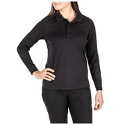 Front view of 5.11 Women’s Performance Long Sleeve Polo showing no-roll collar and smooth jersey fabric. (62408)