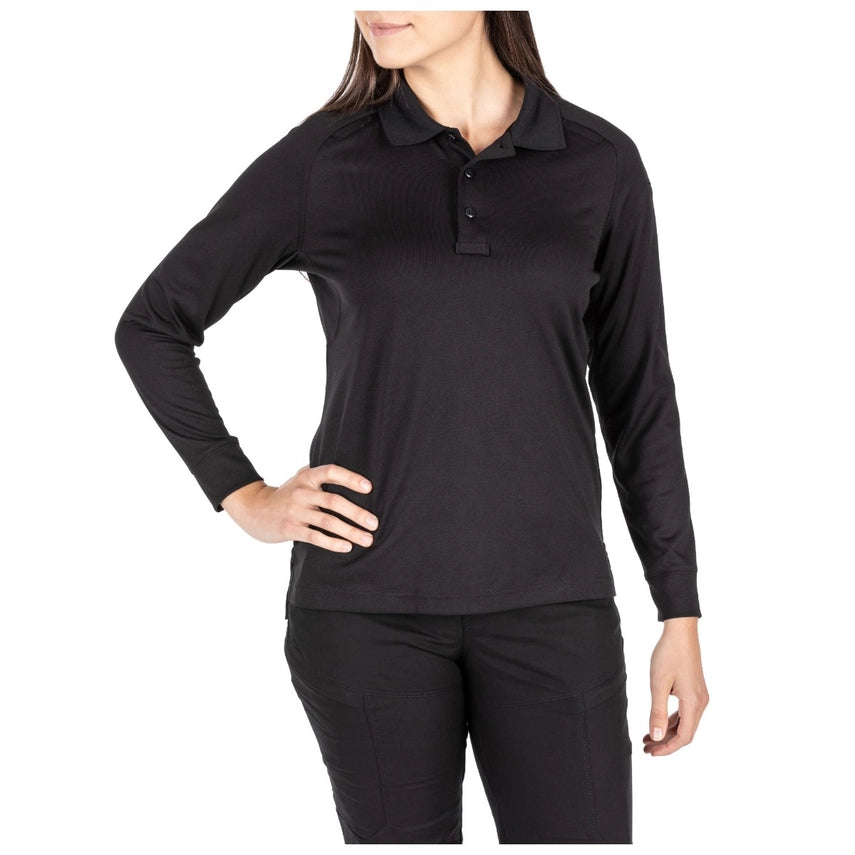 Front view of 5.11 Women’s Performance Long Sleeve Polo showing no-roll collar and smooth jersey fabric. (62408)