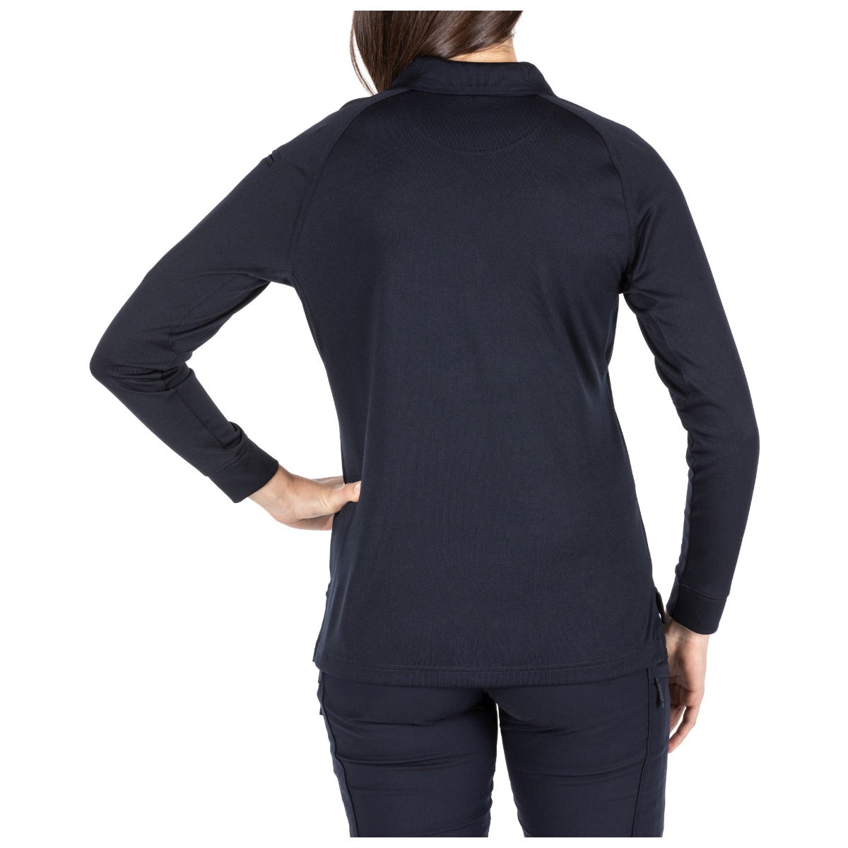 5.11 Tactical Women's Performance Long Sleeve Polo (62408) | Rear view highlighting fully gusseted sleeves for mobility.