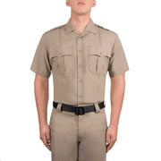 Close-up of epaulets and pleated chest pockets on Blauer firefighter shirt 8460