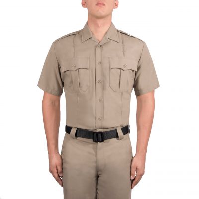 Close-up of epaulets and pleated chest pockets on Blauer firefighter shirt 8460