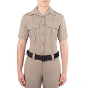 Close-up of epaulets and pleated chest pockets on Blauer female firefighter shirt (8460W) | The Fire Center