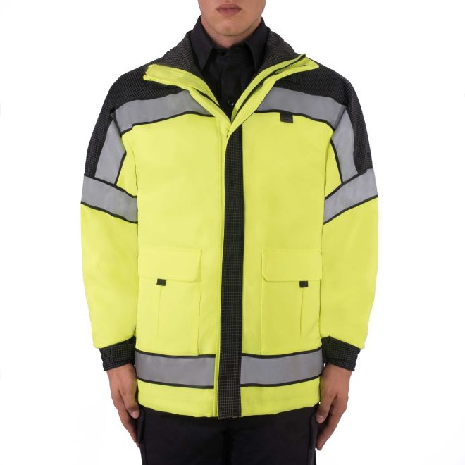 Blauer Gore-Tex Colorblock Emergency Response Jacket (9840) | The Fire Center | Fuego Fire Center | firefighter Gear | Waterproof and highly breathable GORE-TEX® fabric for ultimate comfort. Hi-Vis version is certified to ANSI 107-2020 Type P Class 3 and has 3M™ Retro-Reflective Ink accents for 24/7 visibility of your upper body. Machine washable for easy care.