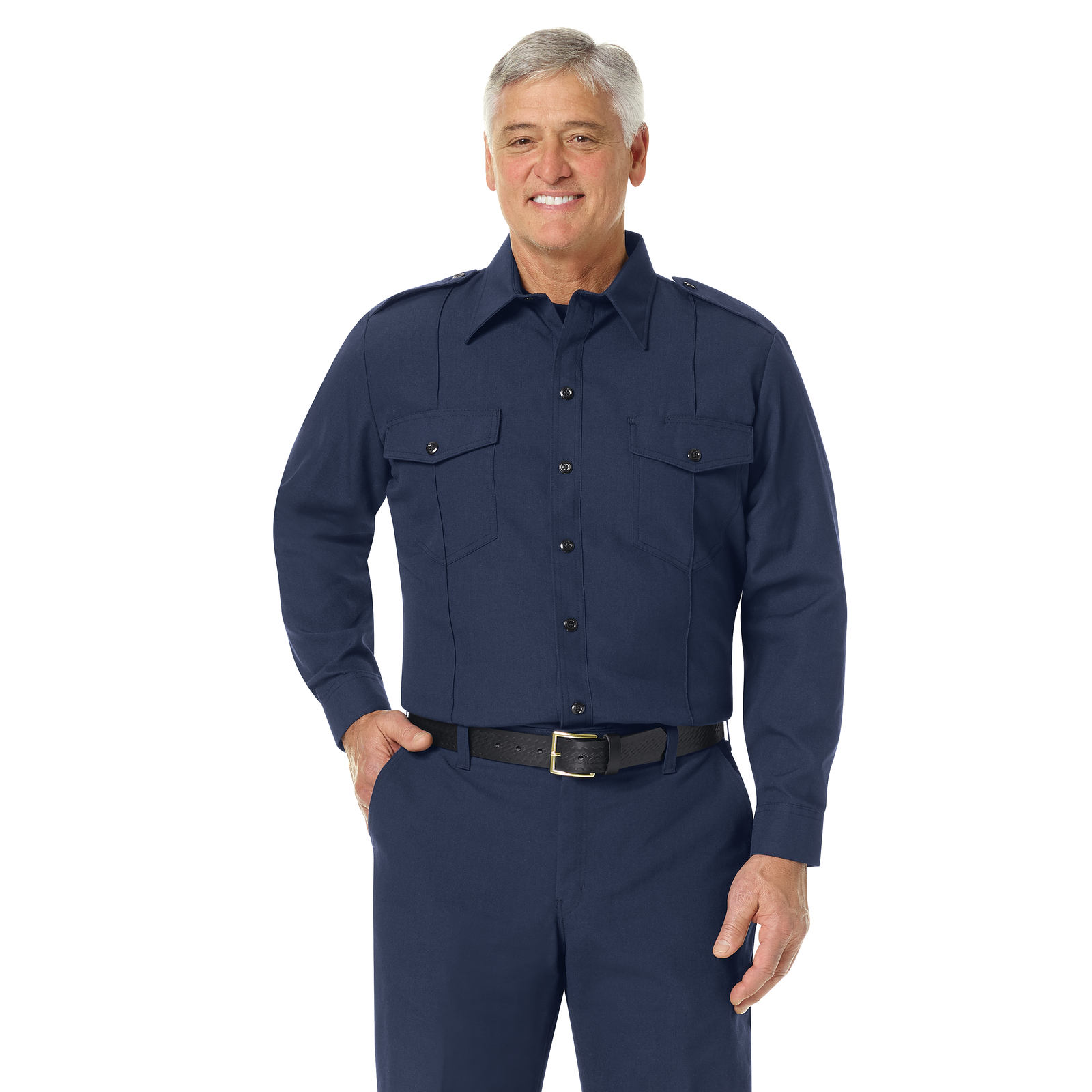 Workrite Men's Classic Long Sleeve Fire Chief Shirt (FSC4) | The Fire Center | Fuego Fire Center | Store | FIREFIGHTER GEAR | Made with durable, flame-resistant Nomex® IIIA fabric and autoclaved with our proprietary PerfectPress® process to give you a professional appearance that lasts. Lined, banded collars support collar brass. Double-needle stitching reinforces front placket.