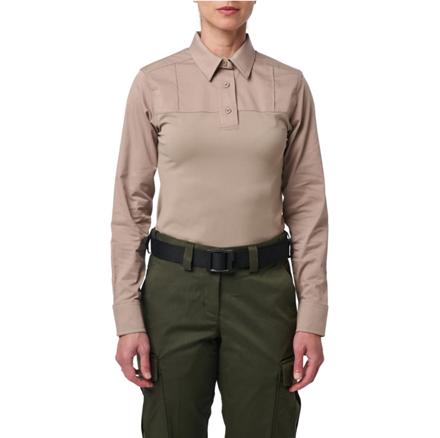 Front view of 5.11 Women’s Stryke PDU Rapid Long Sleeve Shirt showing structured twill upper and knit lower panel. (62084) | The Fire Center