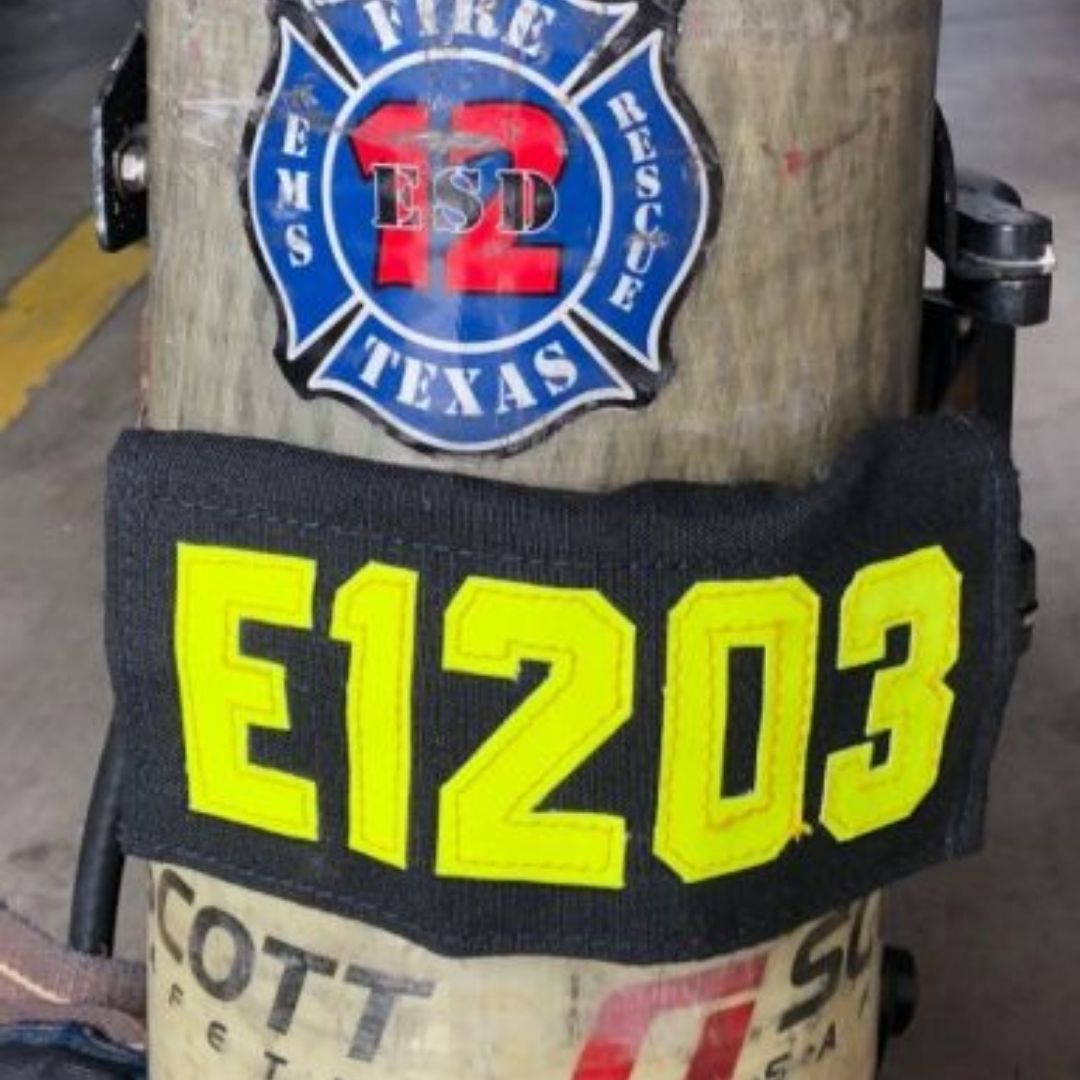 SCBA Identifiers come in Black Kevlar/Nomex, with black Nomex thread. These go where any firefighter goes. Two sizes available that work on most SCBA straps; Large & Small! Maximum 5 letters/numbers.