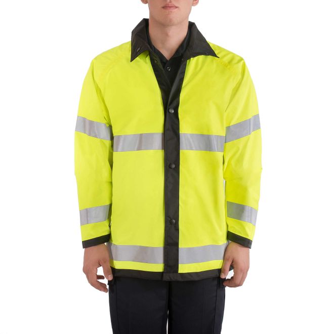 Blauer Reversible Rain Jacket (26991) | The Fire Center | Fuego Fire Center | Store | FIREFIGHTER GEAR | Featherweight rainwear with hi-tech, single-layer waterproof, breathable reversible material. ANSI 107-2020 Type P Class 3 high visibility raincoat is waterproof, bright, and durable to wear and fading.