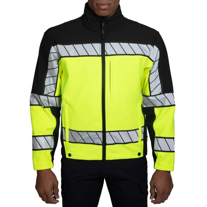 Blauer Colorblock Softshell Fleece Jacket (4670) | The Fire Center | Fuego Fire Center | Store | FIREFIGHTER GEAR | FREE SHIPPING | Water and wind resistant, hi visibility, and highly breathable indoors or out. Colorblock pattern provides excellent visibility during the day. Scotchlite™ comfort trim reflective trim is bright and strikingly visible at night. Yellow version certified to ANSI 107-2020 Type P Class 3. 