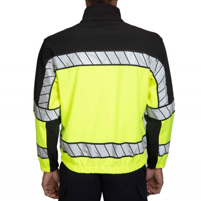 Blauer Colorblock Softshell Fleece Jacket (4670) | The Fire Center | Fuego Fire Center | Store | FIREFIGHTER GEAR | FREE SHIPPING | Water and wind resistant, hi visibility, and highly breathable indoors or out. Colorblock pattern provides excellent visibility during the day. Scotchlite™ comfort trim reflective trim is bright and strikingly visible at night. Yellow version certified to ANSI 107-2020 Type P Class 3. 