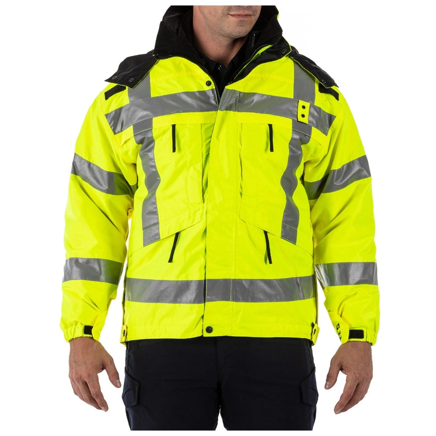 5.11 Tactical 3-in-1 Reversible High-Visibility Parka (48033) | The Fire Center | The Fire Store | Store |The Reversible High Vis 3-in-1 Parka™ offers superior weather protection and reliable, High Visibility performance. The reversible outer shell is standard patrol duty black, with ANSI/ISEA 107-2015 Type R&P, Class 3 Certified and 3M® Scotchlite.® reflective tape on the other side.