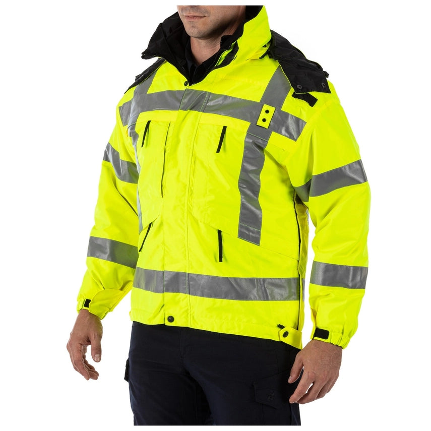 5.11 Tactical 3-in-1 Reversible High-Visibility Parka (48033) | The Fire Center | The Fire Store | Store | The Reversible High Vis 3-in-1 Parka™ offers superior weather protection and reliable, High Visibility performance. The reversible outer shell is standard patrol duty black, with ANSI/ISEA 107-2015 Type R&P, Class 3 Certified and 3M® Scotchlite.® reflective tape on the other side.