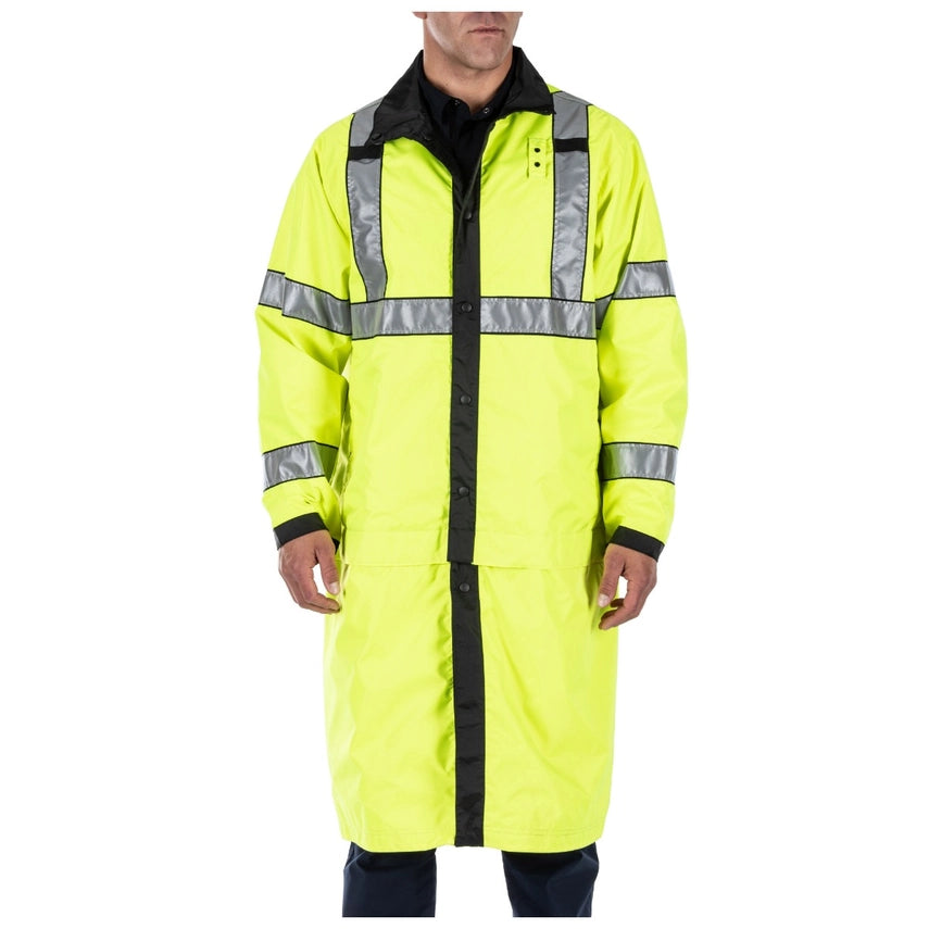5.11 Tactical Reversible Hi-Vis Rain Coat (48125) | The Fire Center | The Fire Store | Store | REVERSIBLE HI-VIS RAIN COAT DETAILS Offering fully waterproof weather protection and ANSI/ISEA 107-2015 Type R & P, Class 3 visibility for night time or low light environments, the Long Reversible High Vis Rain Coat is a great value for patrol officers.