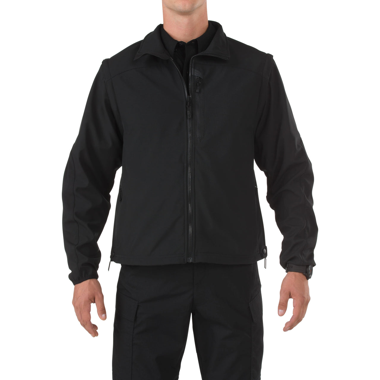 5.11 Tactical Valiant Softshell Jacket – wind-resistant bonded polyester with tricot-lined pockets and sidearm access (48167) | The Fire Center | Fuego Fire Center
