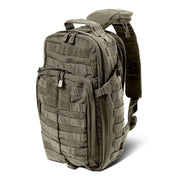 5.11 Tactical Rush Moab™ 10 Sling Pack 18L (56964) | The Fire Center | The Fire Store | Store | Part of the Rush Backpack series, the MOAB 10 is fully ambidextrous, high-performance sling pack loaded with tactical CCW utility. DIMENSIONS Main Compartment - 18.25" H x 9" L x 7.25" DFront pocket - 12.5” H x 8” L x 2” DTotal Capacity - 1,093cubic inch / 18-literWeight - 2.6 lbs