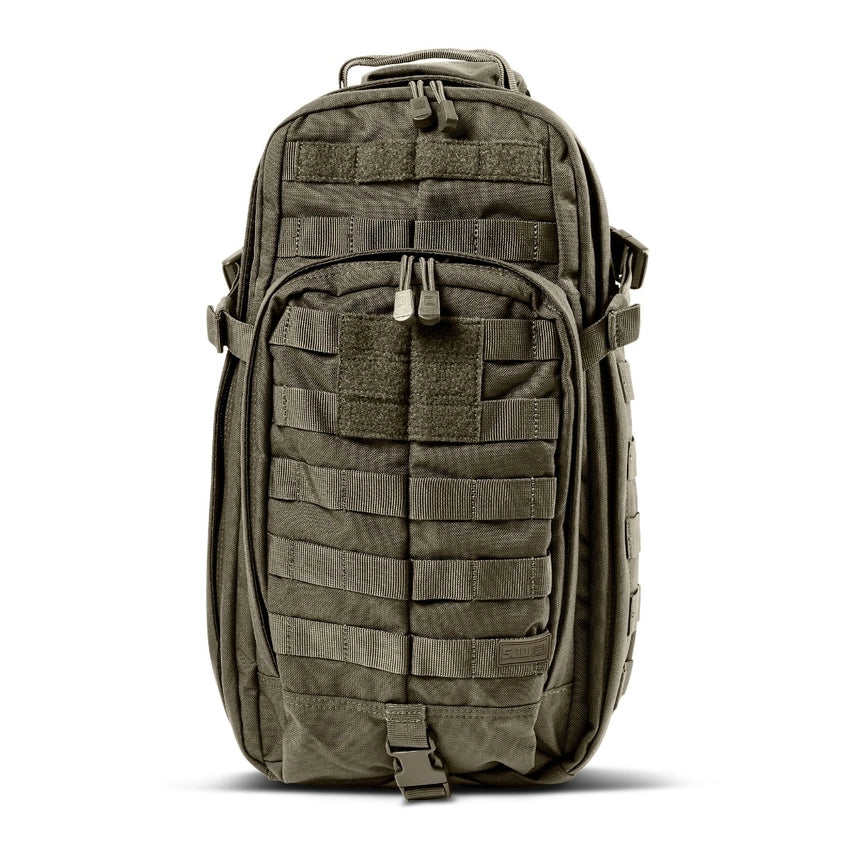 5.11 Tactical Rush Moab™ 10 Sling Pack 18L (56964) | The Fire Center | The Fire Store | Store | FREE SHIPPING | Part of the Rush Backpack series, the MOAB 10 is fully ambidextrous, high-performance sling pack loaded with tactical CCW utility. DIMENSIONS Main Compartment - 18.25" H x 9" L x 7.25" DFront pocket - 12.5” H x 8” L x 2” DTotal Capacity - 1,093cubic inch / 18-literWeight - 2.6 lbs