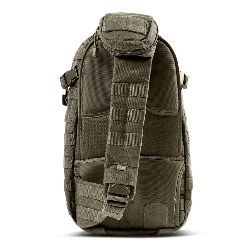 5.11 Tactical Rush Moab™ 10 Sling Pack 18L (56964) | The Fire Center | The Fire Store | Store | FREE SHIPPING | Part of the Rush Backpack series, the MOAB 10 is fully ambidextrous, high-performance sling pack loaded with tactical CCW utility. DIMENSIONS Main Compartment - 18.25" H x 9" L x 7.25" DFront pocket - 12.5” H x 8” L x 2” DTotal Capacity - 1,093cubic inch / 18-literWeight - 2.6 lbs