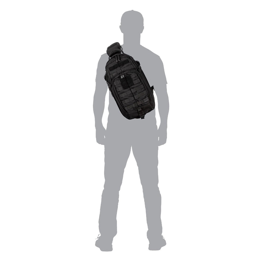 5.11 Tactical Rush Moab™ 10 Sling Pack 18L (56964) | The Fire Center | The Fire Store | Store | FREE SHIPPING | Part of the Rush Backpack series, the MOAB 10 is fully ambidextrous, high-performance sling pack loaded with tactical CCW utility. DIMENSIONS Main Compartment - 18.25" H x 9" L x 7.25" DFront pocket - 12.5” H x 8” L x 2” DTotal Capacity - 1,093cubic inch / 18-literWeight - 2.6 lbs